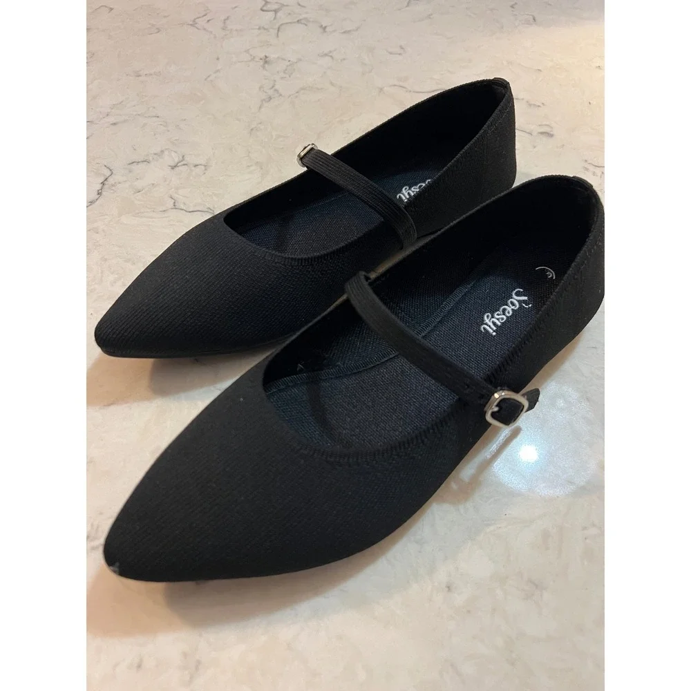 Soesyi Black Knit Pointed Toe Mary Jane Flats Buckle Strap Shoes Womens Size 8.5